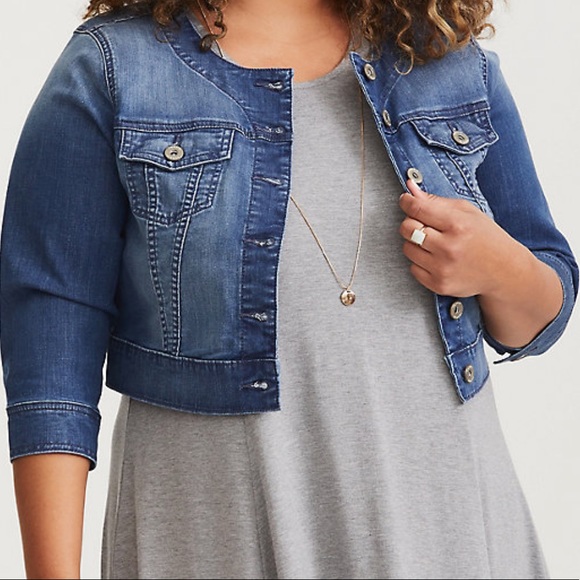 collarless cropped denim jacket
